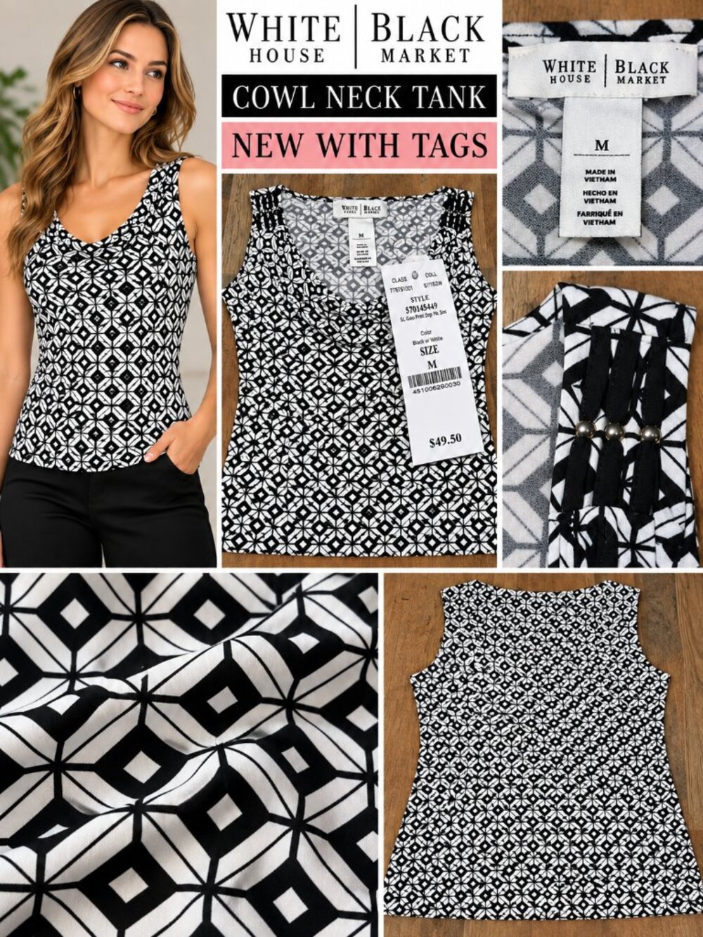 NWT White House Black Market Geometric Cowl Neck Tank Top Size M